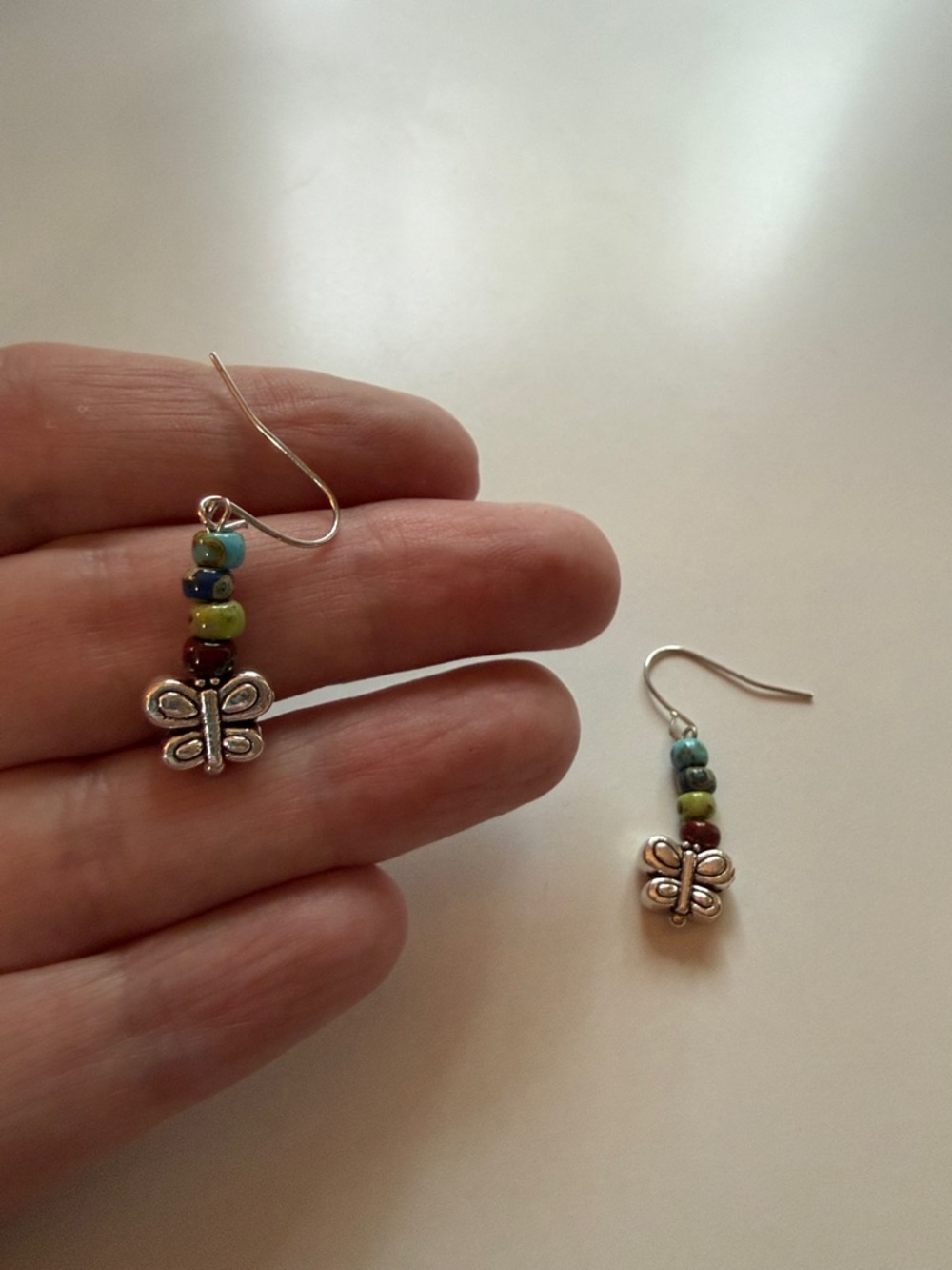 Silver Butterfly Dangle Earrings with Multicolor Beads
